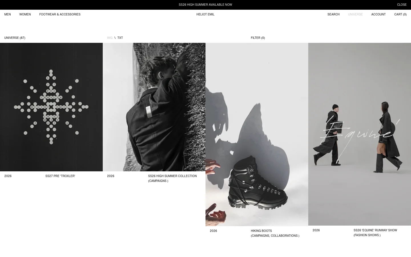 The desktop version of the Universe page features a minimalist black and white design with a grid of large, high-contrast editorial images. A sidebar or top navigation includes filters for year and category, such as campaigns, collaborations, and fashion shows. The layout is spacious, displaying project titles and years beneath each large image thumbnail.