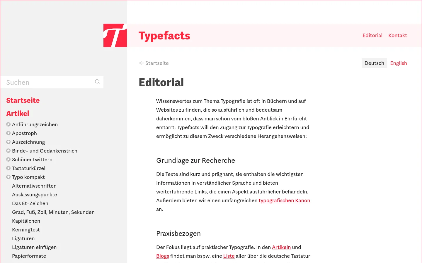 The desktop version of the Editorial page features a clean, minimalist layout with a white background and a light gray sidebar on the left. The sidebar contains a search bar and a vertical navigation menu with links to various typography topics, while the main content area displays the 'Editorial' headline followed by structured text sections with red hyperlinks.