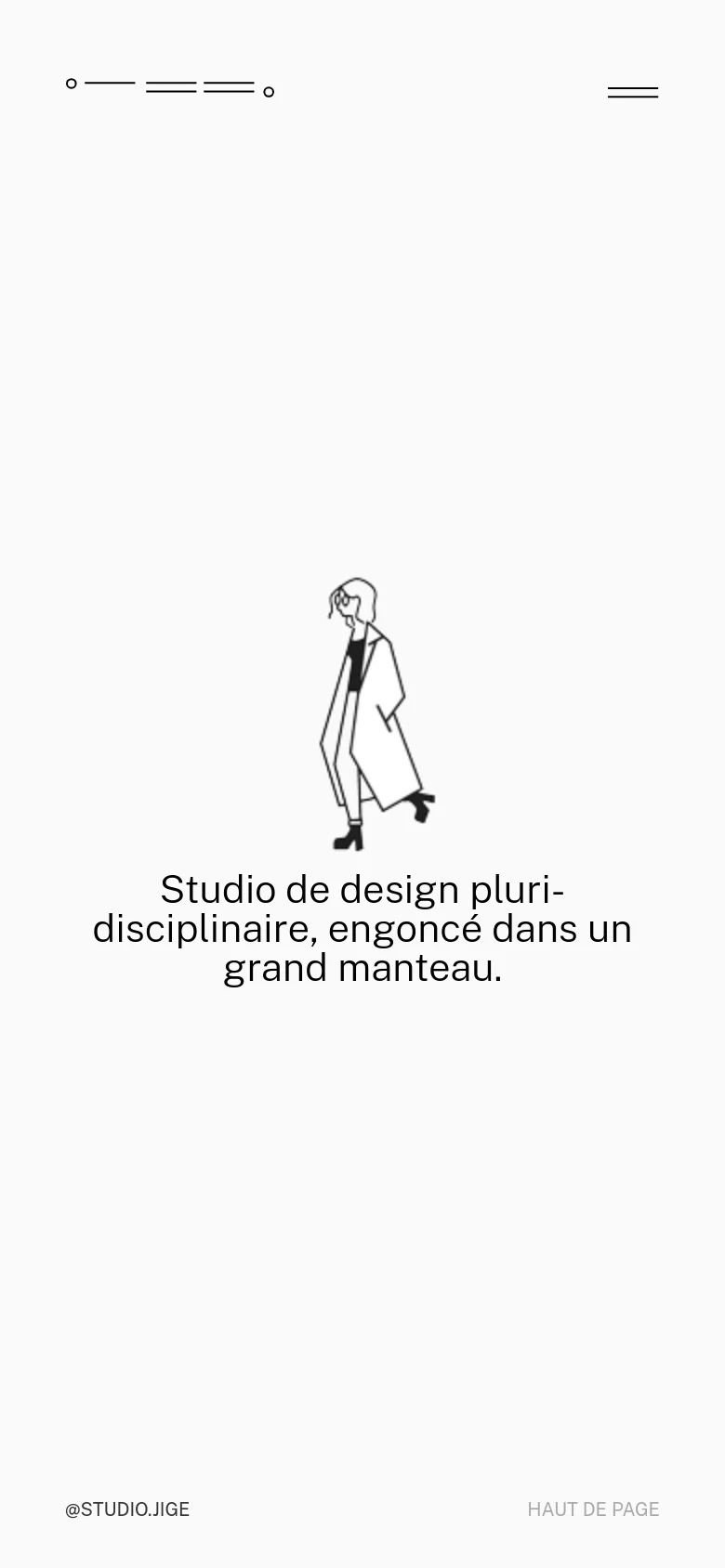 The mobile version simplifies the layout, presenting a minimalist white background with a central line-art illustration of a person in a long coat. Below the illustration, the headline 'Studio de design pluri-disciplinaire, engoncé dans un grand manteau' is displayed in black text, with navigation and social handles at the edges.