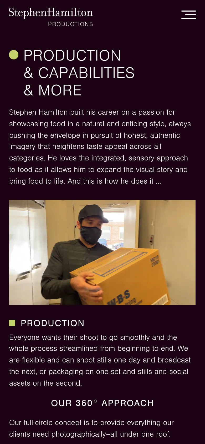 The mobile version uses a simplified layout with a hamburger menu icon in the top right and the brand name centered. The headline and introductory text are stacked vertically, followed by the same hero image of studio shelving, and the content continues with a 'PRODUCTION' section below.