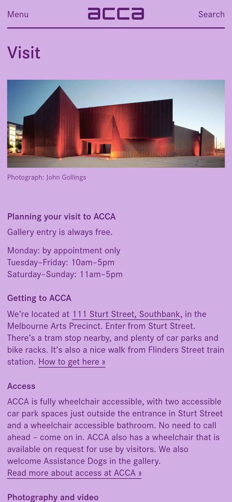 The mobile version presents a single-column vertical layout with the building hero image at the top, followed by stacked text sections. The navigation is condensed into a top header with 'Menu' and 'Search' options, and the lavender background remains consistent throughout the scrollable content.