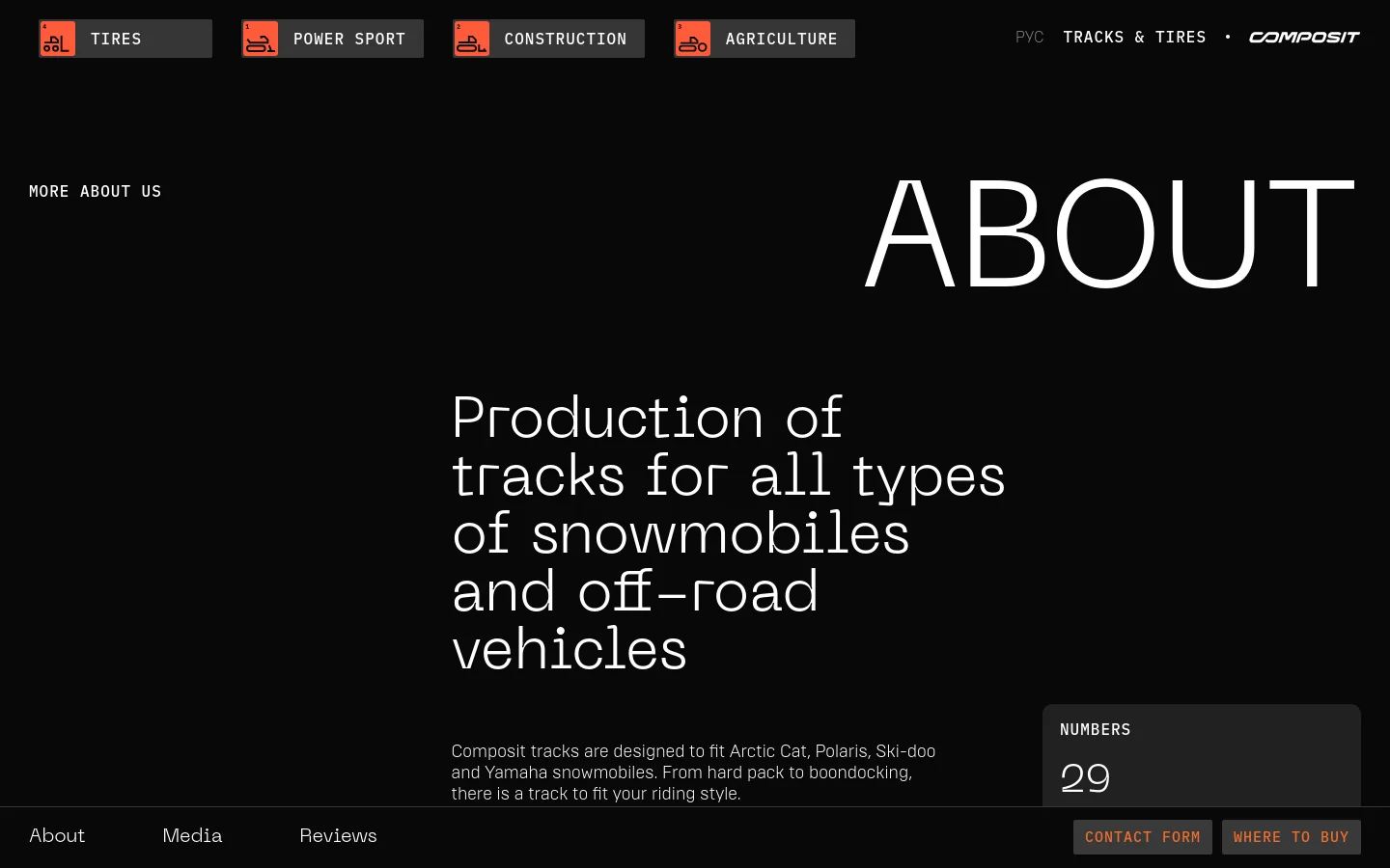 The About page features a dark theme with large white typography. A hero section displays the headline 'ABOUT' and a subheadline about track production, alongside a 'Numbers' widget showing '29'. The navigation includes categories like Tires and Power Sport, and the footer contains links for About, Media, and Reviews with 'Contact Form' and 'Where to Buy' buttons.