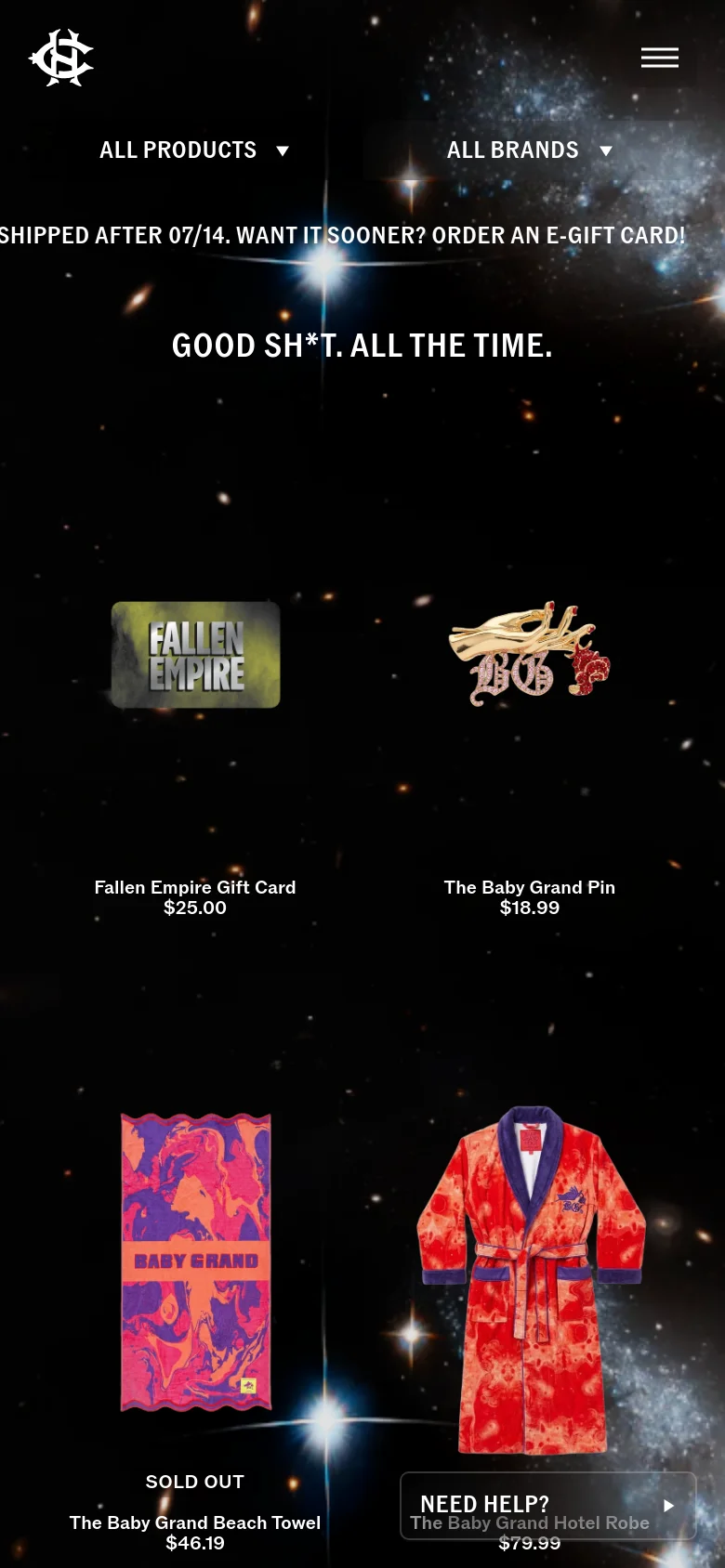 The mobile version maintains the dark cosmic background but transitions to a single-column vertical layout for product listings. The navigation menu is condensed into a hamburger icon at the top right, and a 'NEED HELP?' floating button appears at the bottom right.
