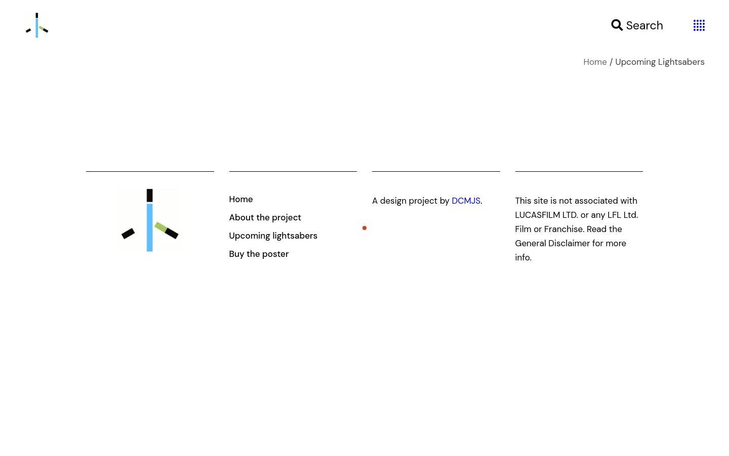 The desktop page features a minimalist white layout with a small lightsaber icon in the top left and a search button in the top right. A central section contains a large, abstract lightsaber graphic composed of colorful intersecting lines. Below this, a footer contains navigation links like 'Home' and 'About the project' alongside a disclaimer, all arranged in a clean, multi-column format.