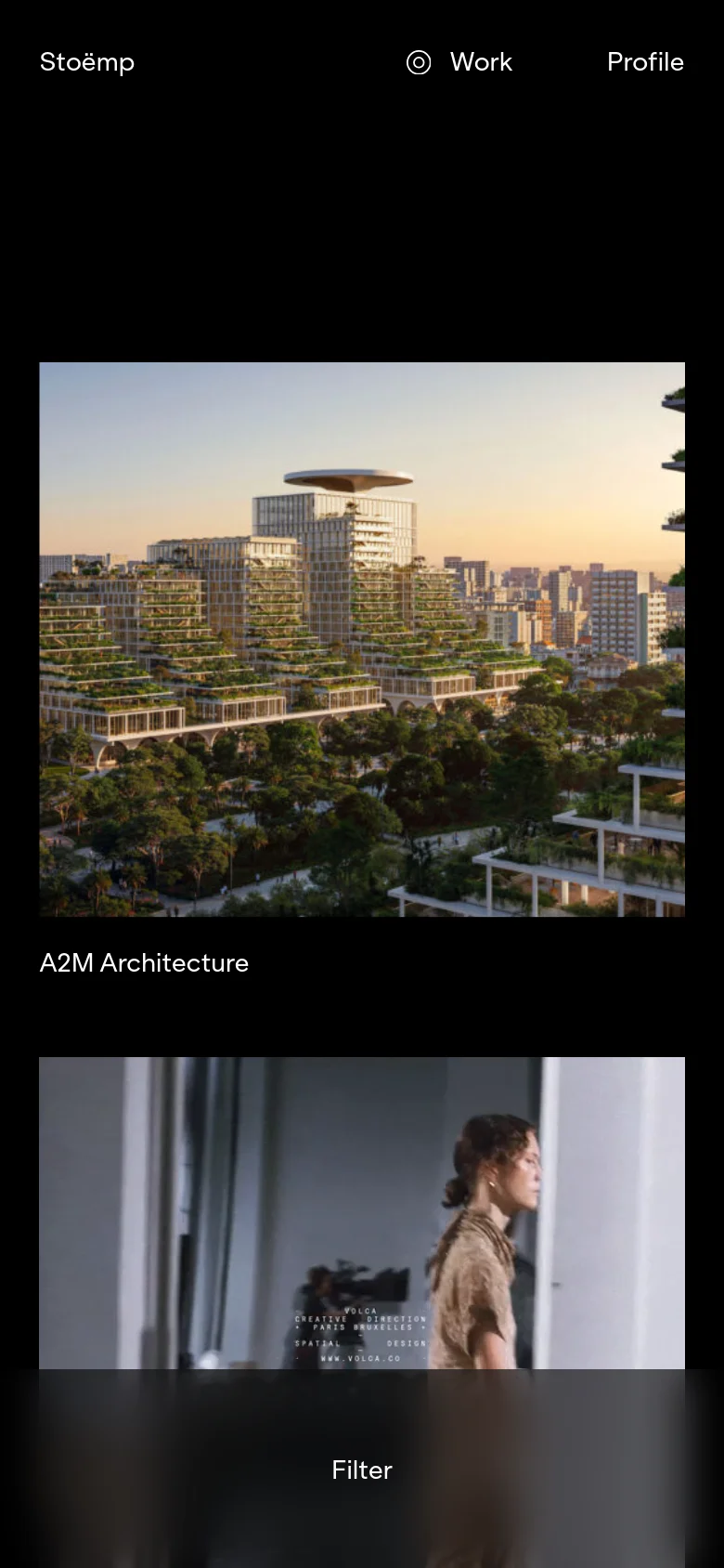 The mobile version maintains the dark aesthetic but transitions the project grid into a single-column vertical scroll. The top filter menu is condensed, and the project images and text are scaled to fit the narrower screen width for easier scrolling.