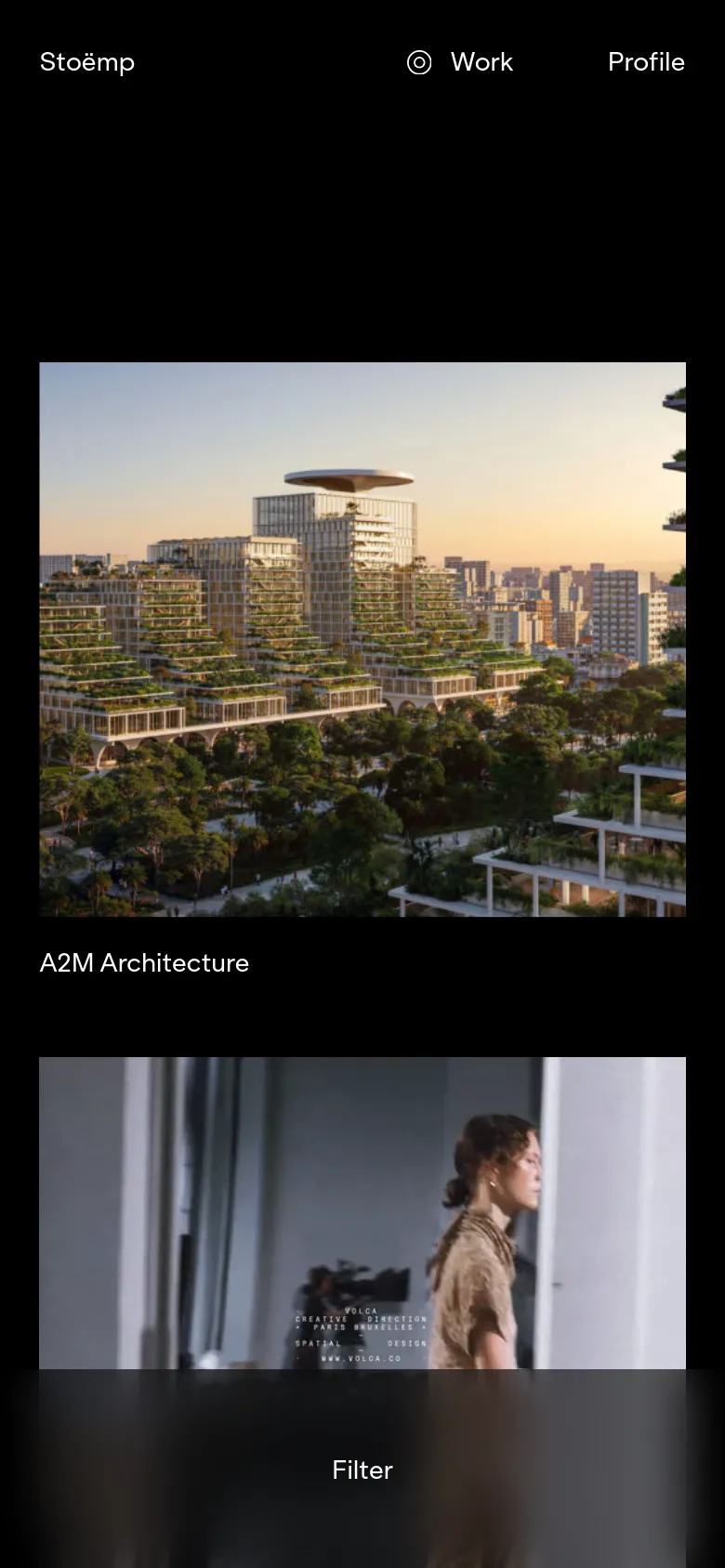 The mobile version maintains the dark aesthetic but transitions the project grid into a single-column vertical scroll. The top filter menu is condensed, and the project images and text are scaled to fit the narrower screen width for easier scrolling.