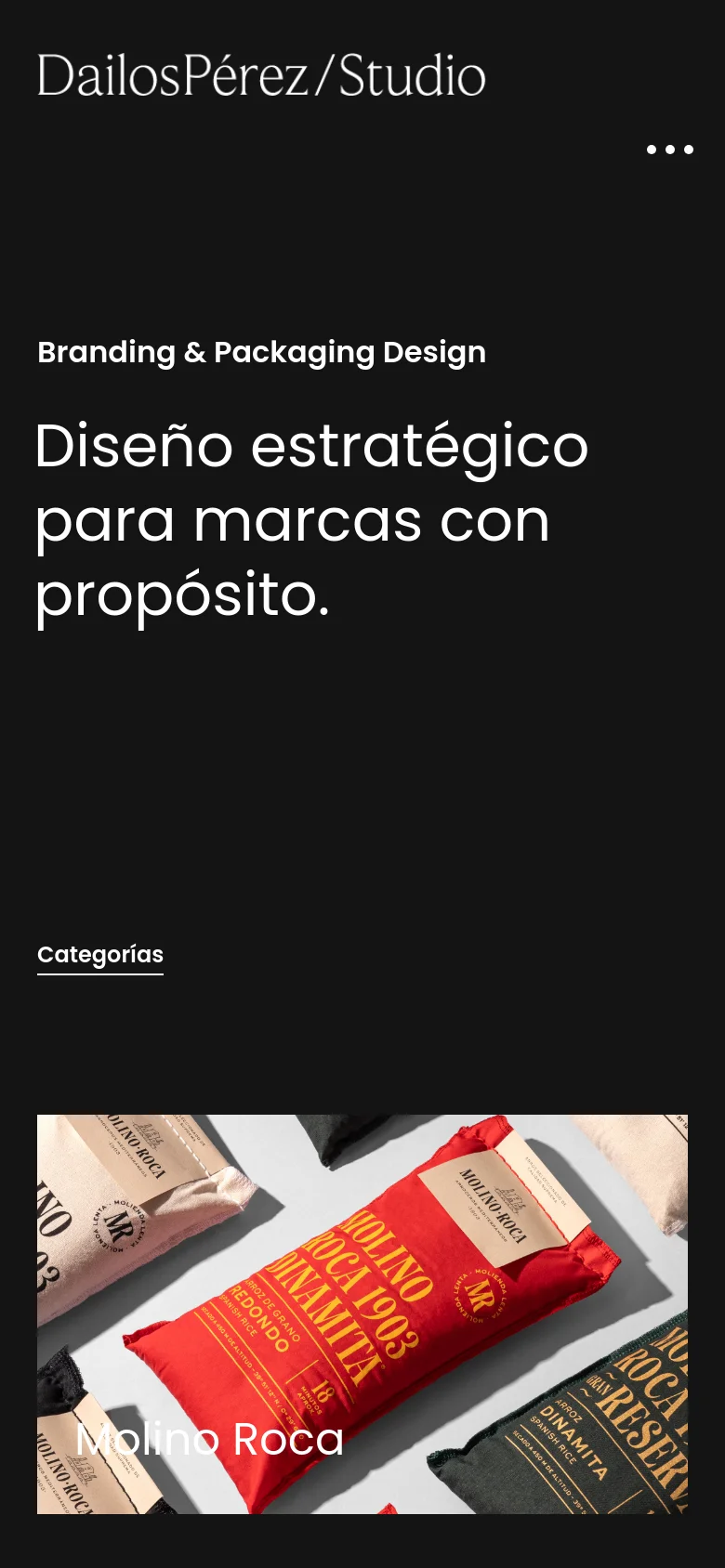 The mobile version maintains the dark aesthetic but uses a simplified layout. The header is condensed with a 'Menu' button and an icon, while the hero text is centered and takes up more vertical space. The project grid transitions to a single-column vertical scroll, displaying large, full-width images for each portfolio item.