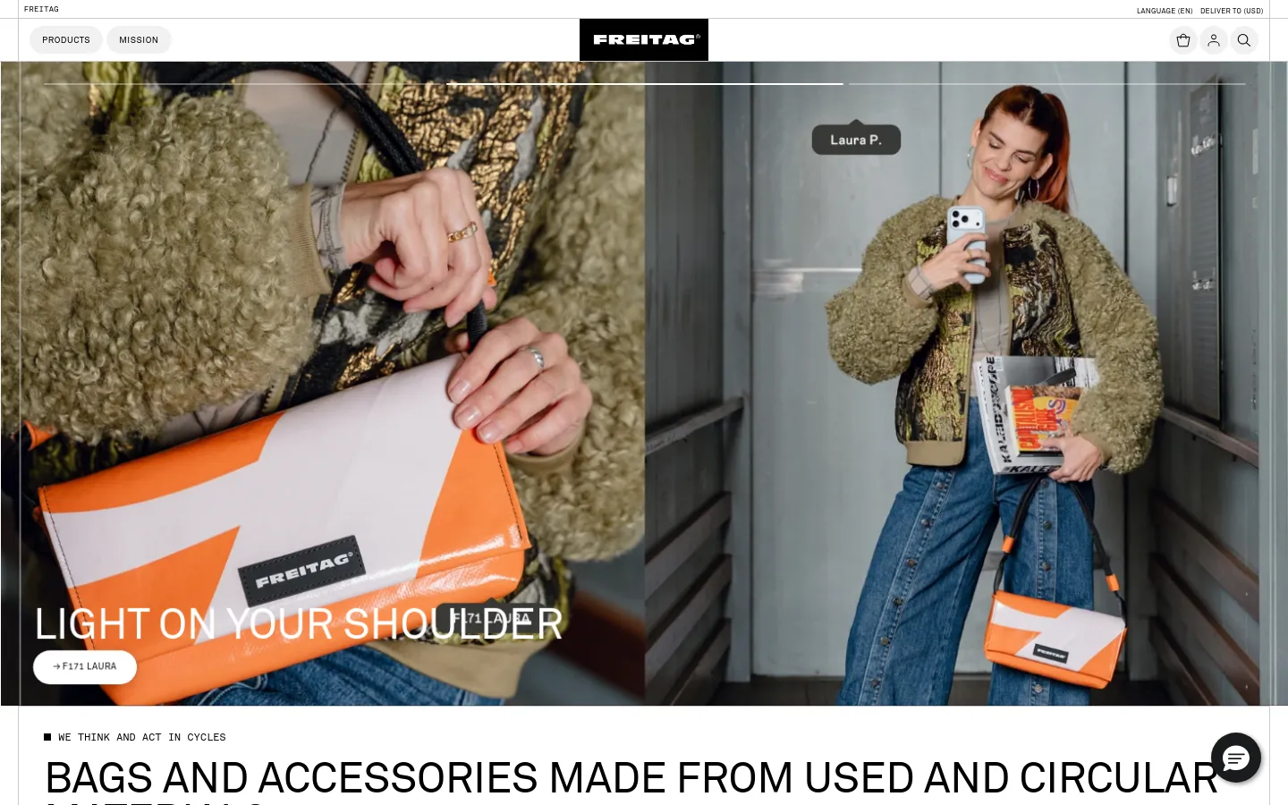 Freitag homepage featuring a large hero section with high-contrast lifestyle photography of upcycled bags. The layout uses bold sans-serif typography with headlines like LIGHT ON YOUR SHOULDER and WE LOVE BIKES, paired with minimalist pill-shaped CTA buttons. The design follows a clean, industrial aesthetic with a neutral color palette and spacious white sections.