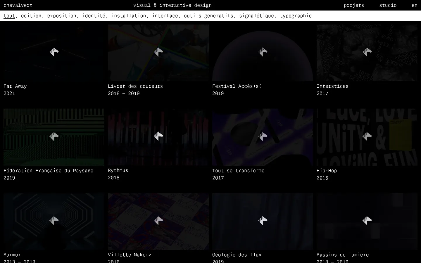The desktop version of the Projects page features a minimalist dark theme with a white navigation menu at the top. A horizontal list of project categories sits above a grid of large, rectangular project tiles, each containing a dark image, a white title, and a year. The layout is spacious, organized into four columns of project previews.