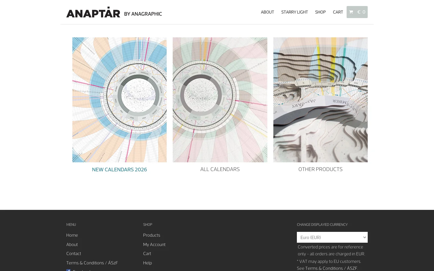 The desktop shop page features a clean white header with the Anaptár logo and navigation links. Below the header, three large, vertical rectangular images showcase detailed close-ups of circular poster calendars with colorful radial patterns. The page uses a minimalist layout with large headings for 'NEW CALENDARS 2026', 'ALL CALENDARS', and 'OTHER PRODUCTS' above a dark grey footer containing site links.
