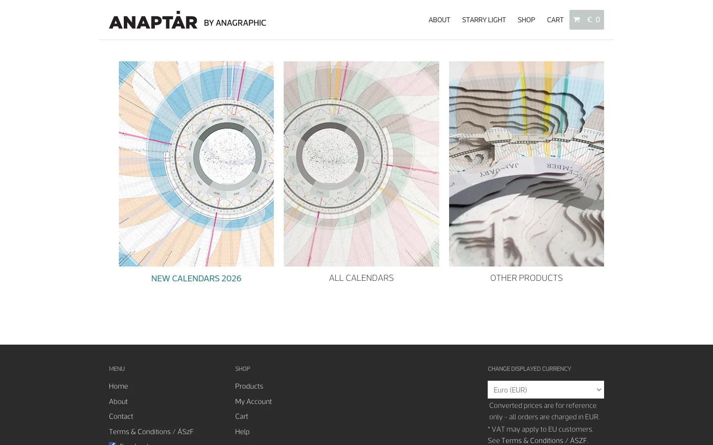 The desktop shop page features a clean white header with the Anaptár logo and navigation links. Below the header, three large, vertical rectangular images showcase detailed close-ups of circular poster calendars with colorful radial patterns. The page uses a minimalist layout with large headings for 'NEW CALENDARS 2026', 'ALL CALENDARS', and 'OTHER PRODUCTS' above a dark grey footer containing site links.