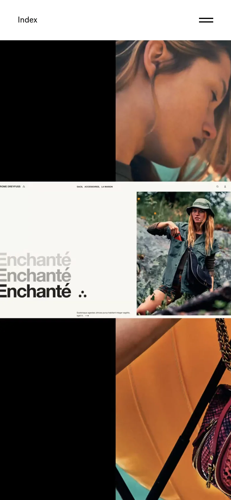 The mobile version maintains the minimalist aesthetic but transitions to a vertical scrolling layout. The hero imagery is cropped to fit narrower screens, and the navigation is condensed into a simplified menu icon to optimize the limited screen real estate.