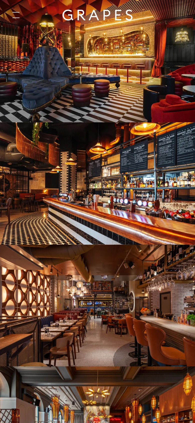 The mobile version presents a vertically stacked layout of large, immersive interior design photographs showcasing various bar and restaurant projects. The navigation is condensed, and the 'GRAPES' branding is prominently centered at the top of the scrolling image feed.