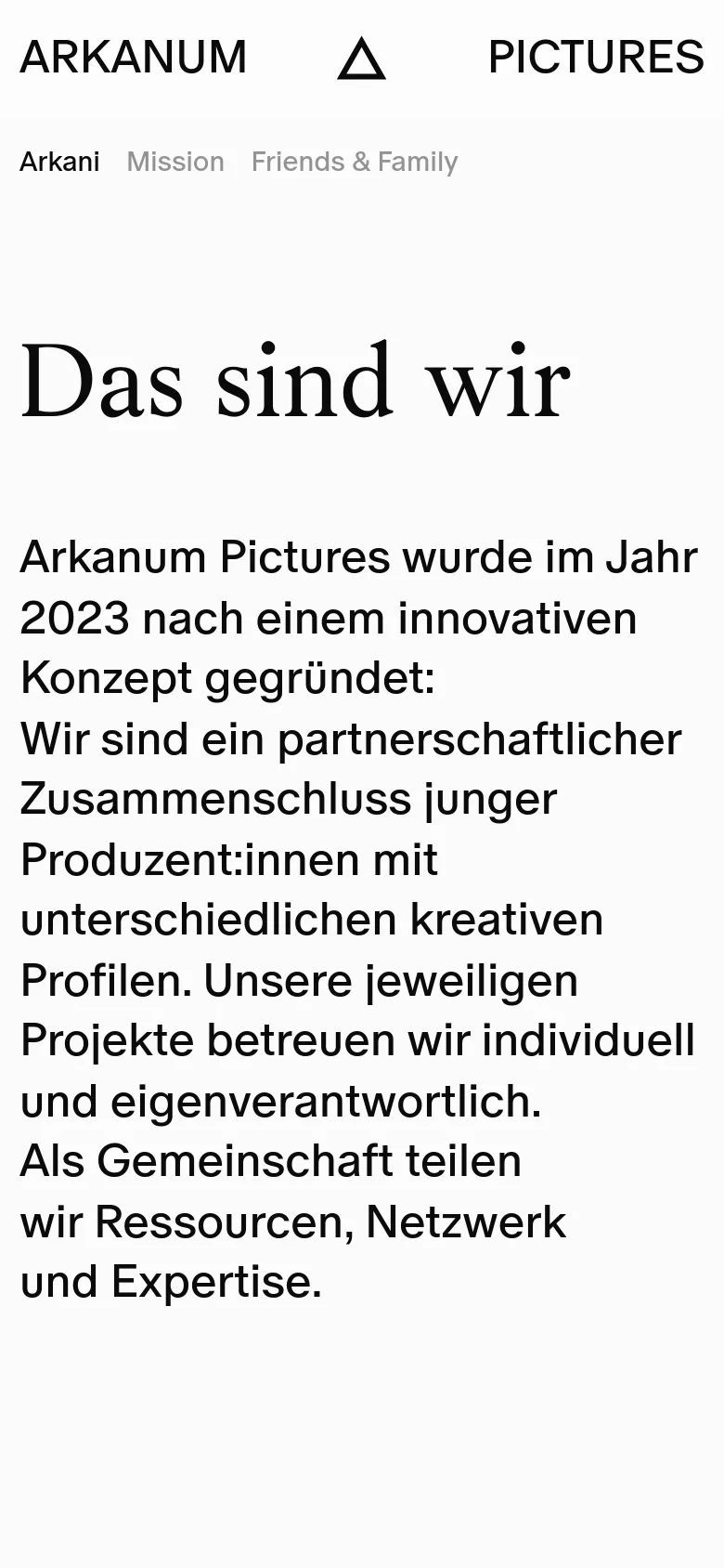 The mobile version maintains the minimalist white aesthetic and large serif typography but uses a single-column vertical layout. The text is stacked vertically, and the team portrait gallery is scaled to fit the narrower screen width.