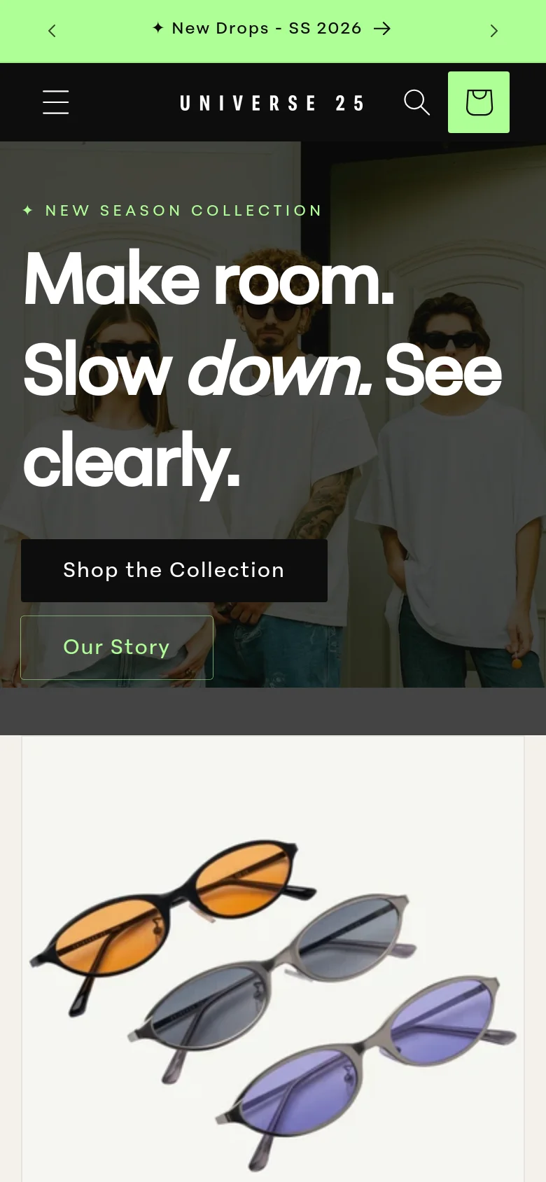The mobile version presents a vertically stacked layout, starting with a condensed navigation bar containing a hamburger menu, brand name, search, and shopping bag icons. The hero section features the same large headline and models but occupies a smaller, centered viewport, followed by a single-column view of product imagery and text.