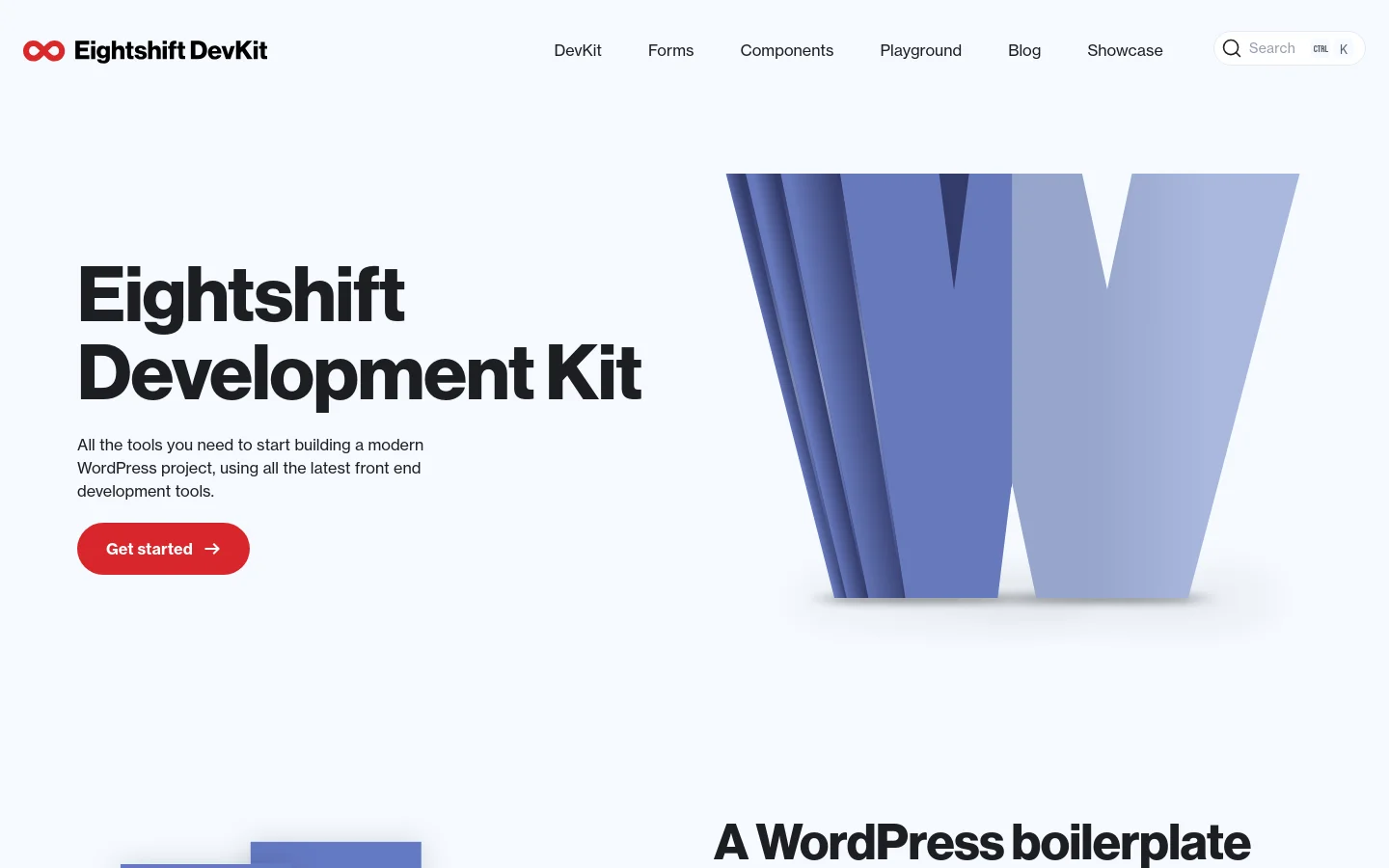 The Eightshift DevKit homepage features a clean white background with a large, stylized blue 3D 'W' graphic on the right. The left side contains the headline 'Eightshift Development Kit', a brief description, and a prominent red 'Get started' call-to-action button. A horizontal navigation bar at the top includes links for DevKit, Forms, Components, Playground, Blog, and Showcase, alongside a search bar.
