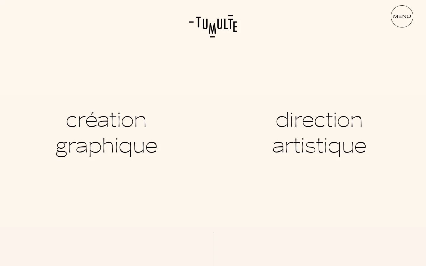 The desktop homepage features a minimalist cream background with the studio logo and a circular menu button at the top. Large, elegant typography displays 'création graphique' and 'direction artistique' side-by-side in the center. Below, a grid of large project images showcases various graphic design works like 'L’atrium' and 'Maison du Peuple'.