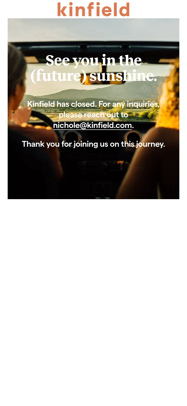 The mobile version presents a vertically cropped version of the hero image, focusing on the sunset landscape and the silhouettes of the passengers. The text is stacked vertically in the center of the screen, maintaining the same message about the company closing and the contact email. The layout is simplified for a narrow screen, emphasizing the central text against the warm-toned background.