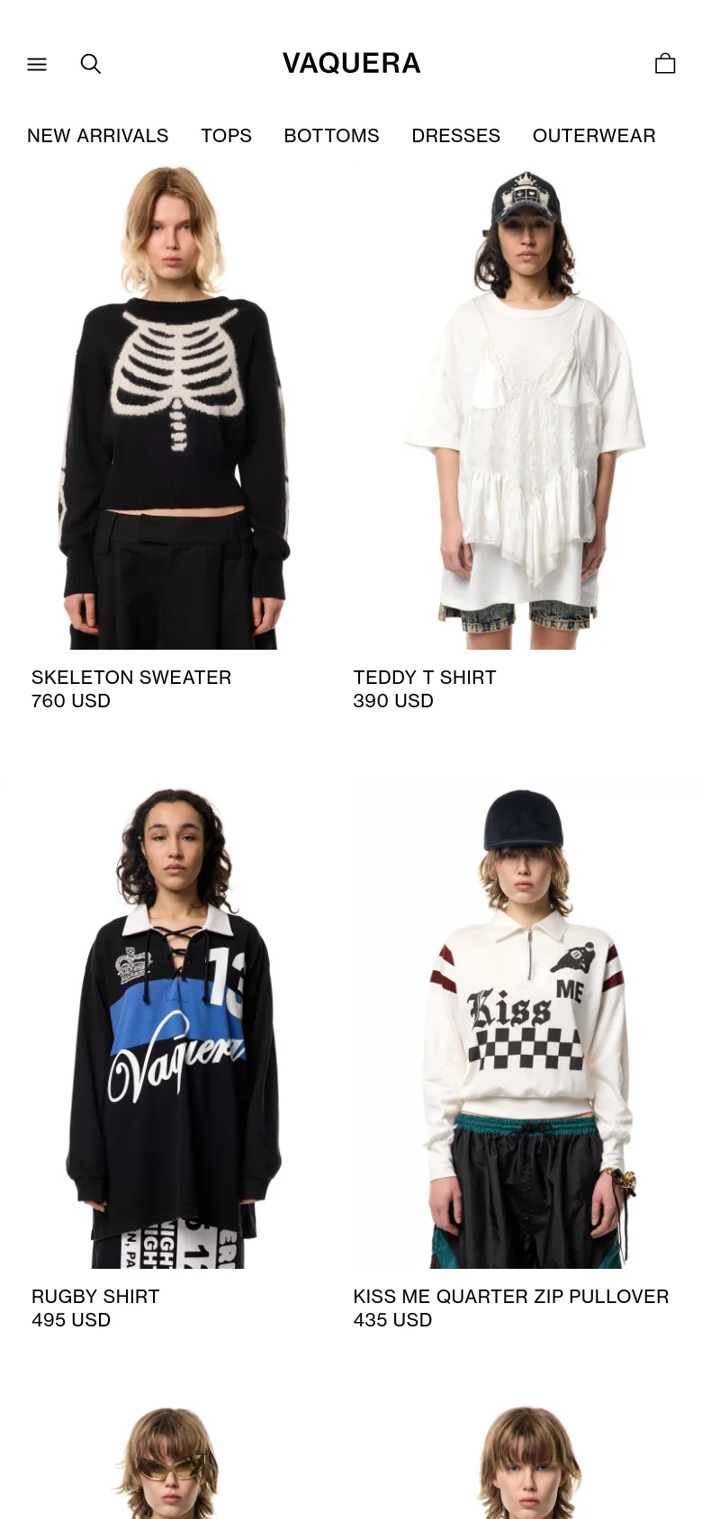 The mobile version presents a simplified vertical layout with a hamburger menu, search icon, and shopping bag icon at the top. The product grid shifts to a single or double column view, displaying large images of tops like the rugby shirt and kiss me pullover with their respective prices underneath.