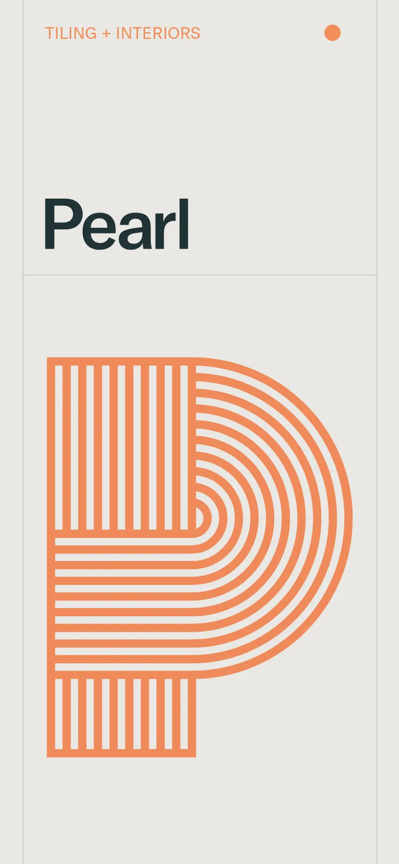 The mobile version simplifies the layout into a vertical stack, prioritizing the large orange 'P' logo and the brand name 'Pearl' at the top. The navigation links are condensed, and the design maintains the high-contrast, minimalist aesthetic with a cream and orange color palette.