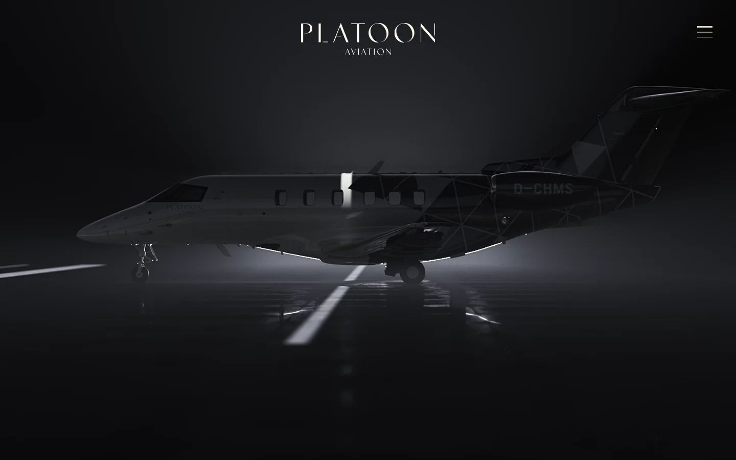The desktop homepage features a dark, luxury aesthetic with a large hero image of a sleek private jet on a runway at night. The layout includes a minimalist top navigation menu with the Platoon Aviation logo centered, followed by sections describing jet services and the Pilatus PC-24, utilizing high-quality aviation photography and elegant serif typography.
