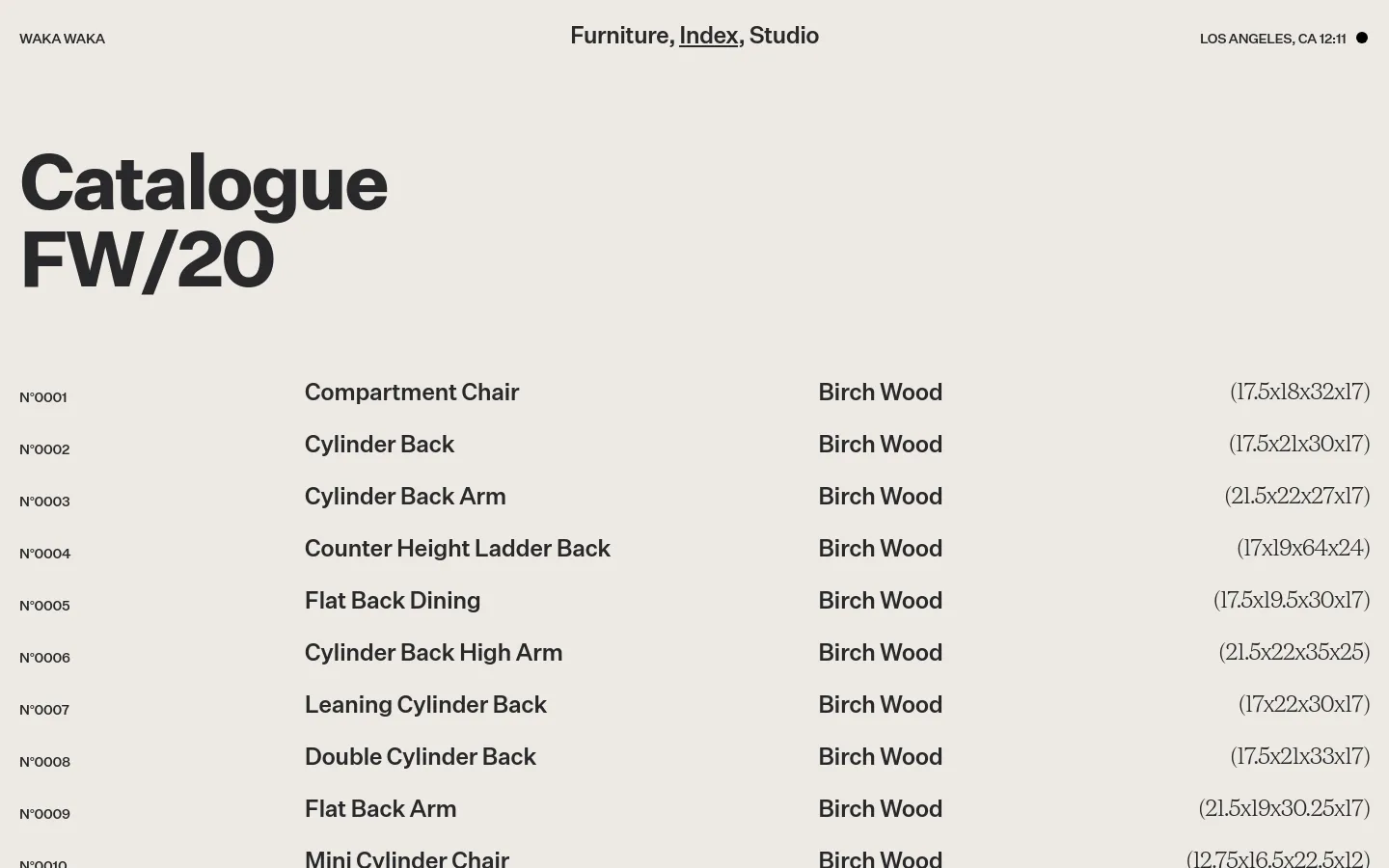 The desktop catalogue page features a minimalist design with a light grey background and large, bold black typography. A header contains the site name, navigation links for Furniture, Index, and Studio, and the location. Below the large 'Catalogue FW/20' heading, products are listed in a clean grid layout with item numbers, names, materials, and dimensions.
