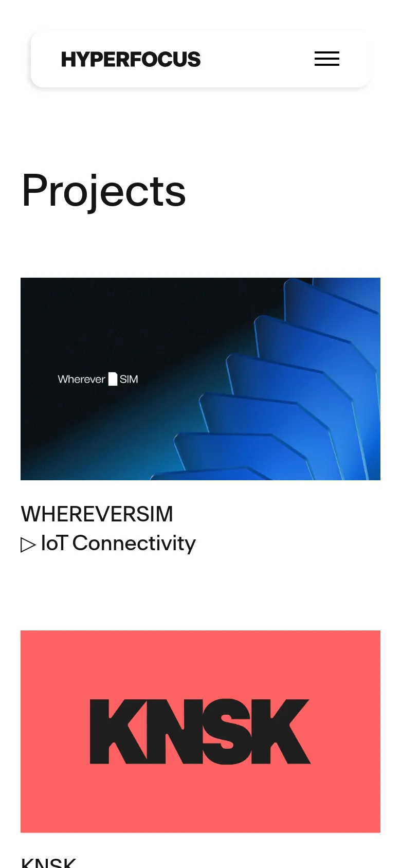 The mobile version displays the same 'Projects' headline and content but in a single-column vertical layout. The top navigation is condensed into a hamburger menu icon next to the Hyperfocus logo, and project images and text span the full width of the screen.