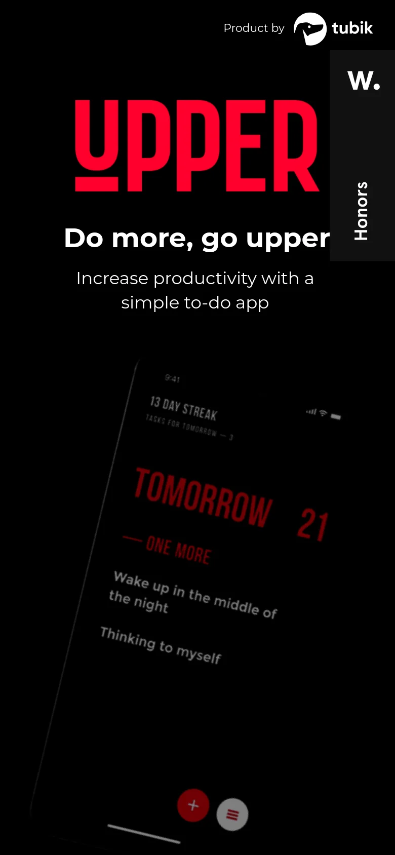 The mobile version uses a vertical layout with the large red 'UPPER' logo and white headlines centered at the top. The smartphone graphic is repositioned below the text to fit the narrow screen, maintaining the dark aesthetic and high-contrast red accents.