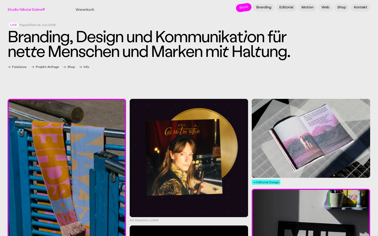 The desktop homepage features a minimalist white background with a clean navigation menu at the top. A large, bold headline announces branding and design services, followed by text links for Freelance, Projekt-Anfrage, Shop, and Info. Below the hero section, a grid of large, colorful project images showcases work like a scarf, vinyl art direction, and editorial design.