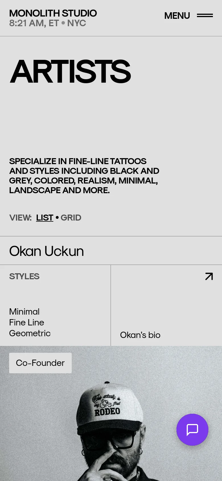 The mobile version presents a vertically stacked layout with the large 'ARTISTS' title at the top. The artist profile for Okan Uckun follows, displaying his name, styles, and a large black and white portrait, with a floating chat icon in the bottom right corner.