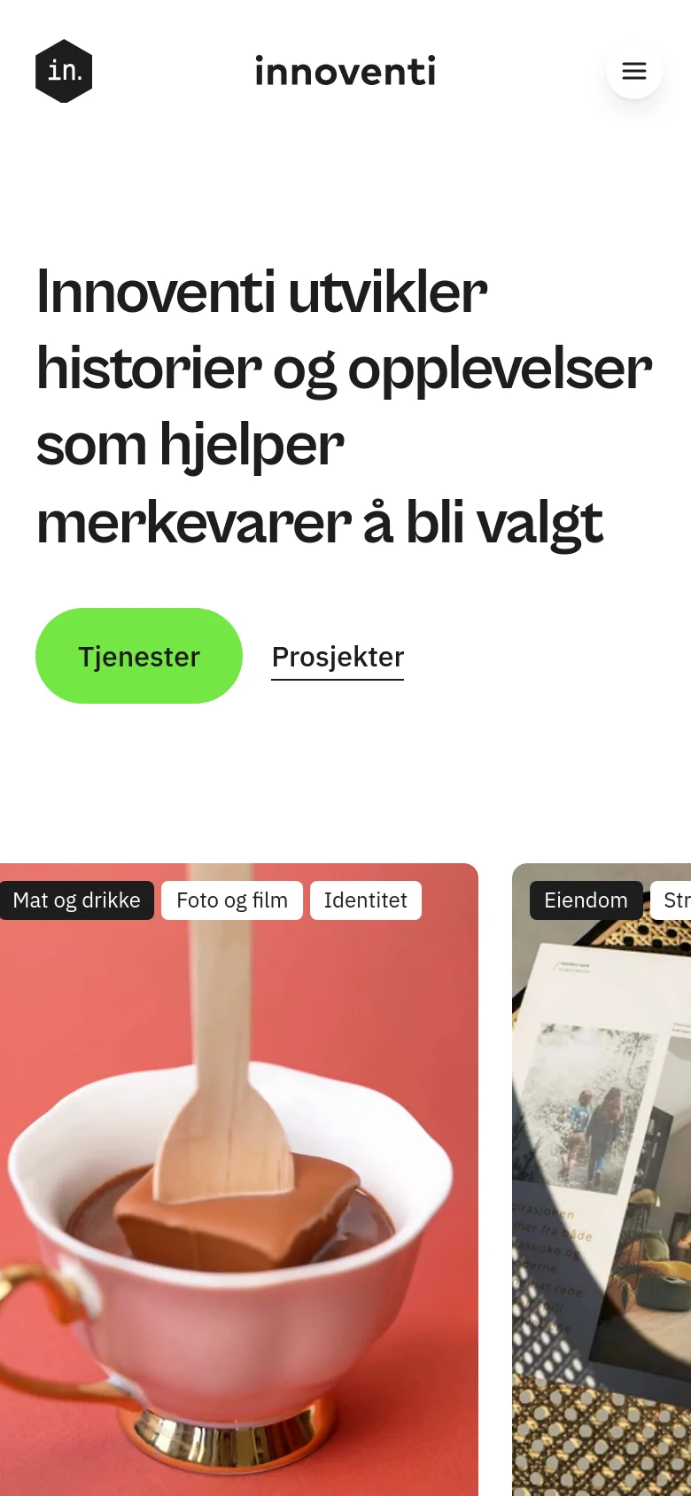 The mobile version presents a vertically stacked layout with the same bold headline and large green 'Tjenester' button. The navigation menu is condensed into a hamburger icon in the top right, and the project showcase tiles are scaled to fit the narrower screen width, appearing as large, full-width image cards.