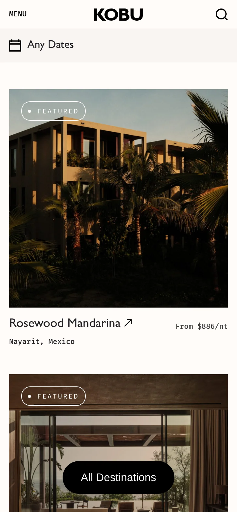 The mobile version presents a simplified layout with a centered KOBU logo, a hamburger menu, and a large search icon. The content shifts to a single-column vertical stack, starting with a prominent date selection bar followed by large, full-width featured property images and an 'All Destinations' button overlaying an image.