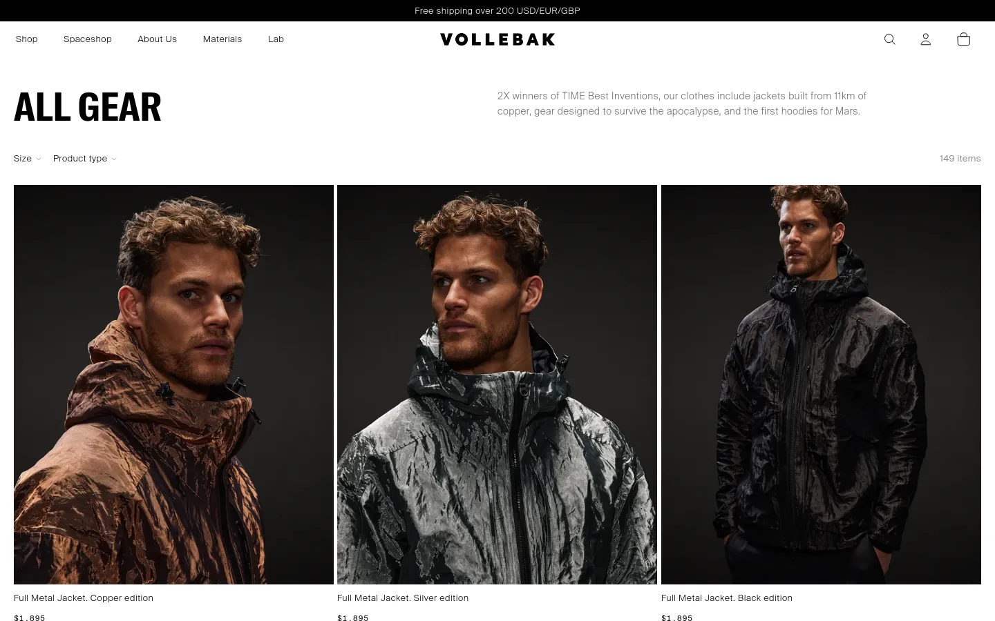 The desktop shop page features a minimalist white header with the Vollebak logo and navigation links. A large 'ALL GEAR' headline is followed by a brief description of the brand's innovative clothing. Below, a grid of large, high-quality product images shows men wearing metallic-textured jackets in copper, silver, and black editions against a dark background.