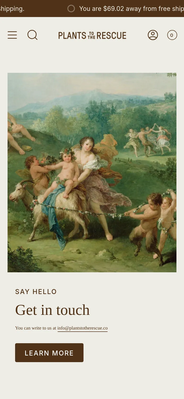 The mobile version stacks the content vertically, placing the classical landscape painting at the top, followed by the 'SAY HELLO' heading and 'Get in touch' text. The email link and the dark brown 'LEARN MORE' button are centered below the text. The navigation is condensed into a hamburger menu and search icon at the top.