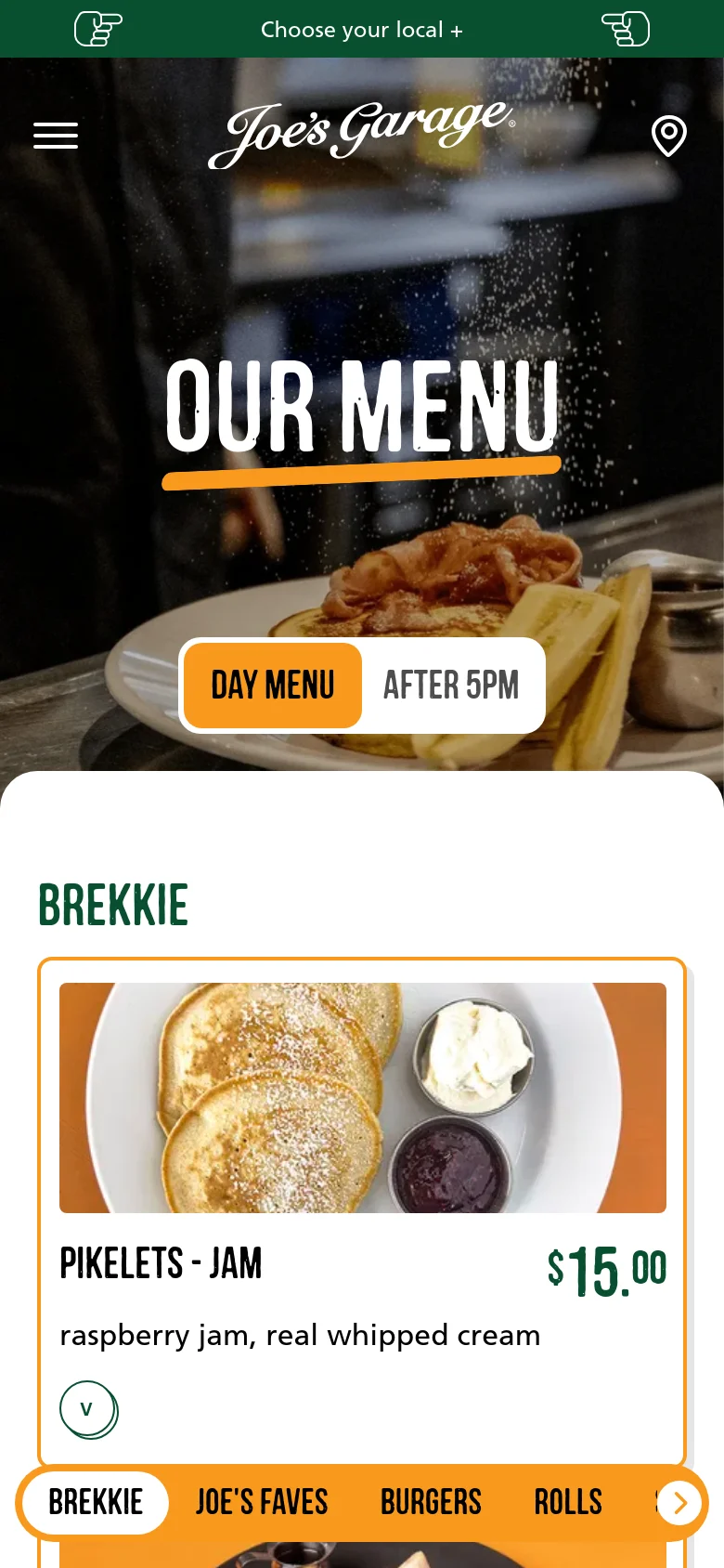 The mobile version displays a vertically stacked layout starting with a hero image and menu toggle buttons. The 'BREKKIE' section shows food items as large, single-column cards with high-quality photos and pricing. A horizontal scrolling category navigation bar is pinned to the bottom of the screen for easy access to sections like Brekkie, Burgers, and Salads.