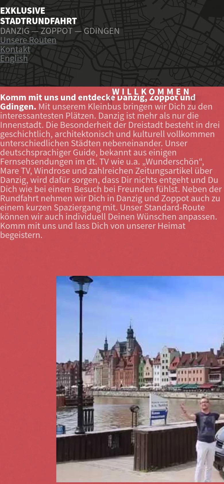 The mobile version presents a vertically stacked layout with the dark map hero section at the top, followed by the large headline. The navigation links are listed vertically below the headline, and the red 'WILLKOMMEN' section transitions into a large block of text and a full-width photograph of a man standing by a waterfront.