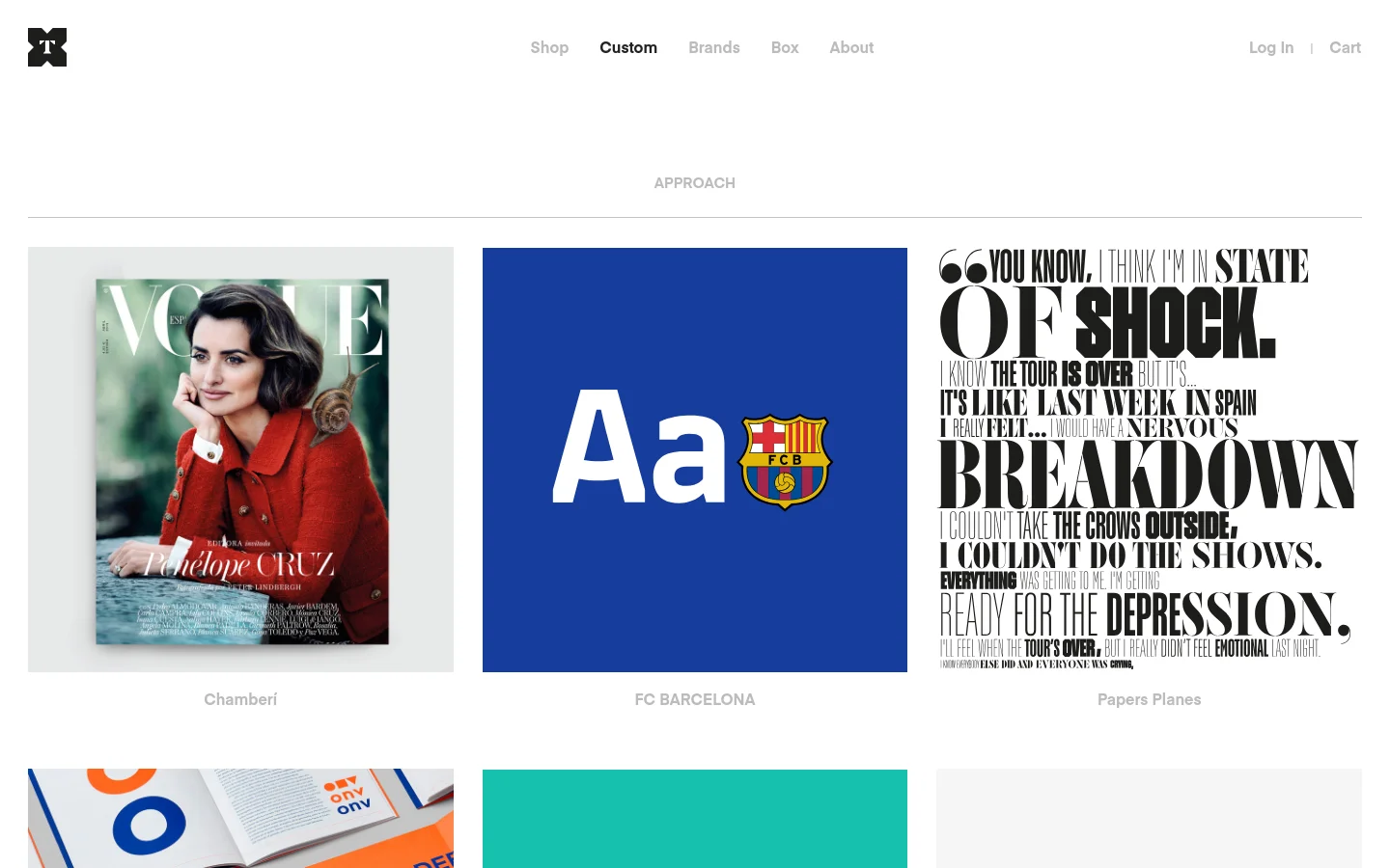The desktop website features a clean, minimalist white layout with a top navigation bar containing links like Shop, Custom, and Brands. The main content area displays the heading 'Custom' followed by 'APPROACH' and a grid of large, high-quality project images including a Vogue magazine cover, a blue graphic with 'Aa' and the FC Barcelona logo, and bold typographic art. Each image is accompanied by a project title below it.