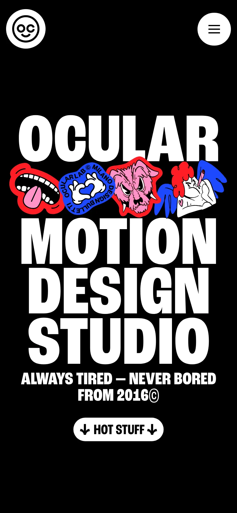 The mobile version uses a black background with a centered, vertical layout. Large white text reads 'OCULAR MOTION DESIGN STUDIO' stacked above colorful, cartoonish sticker graphics of a mouth, a heart, and a winged creature. A 'HOT STUFF' call-to-action button with downward arrows is located at the bottom.