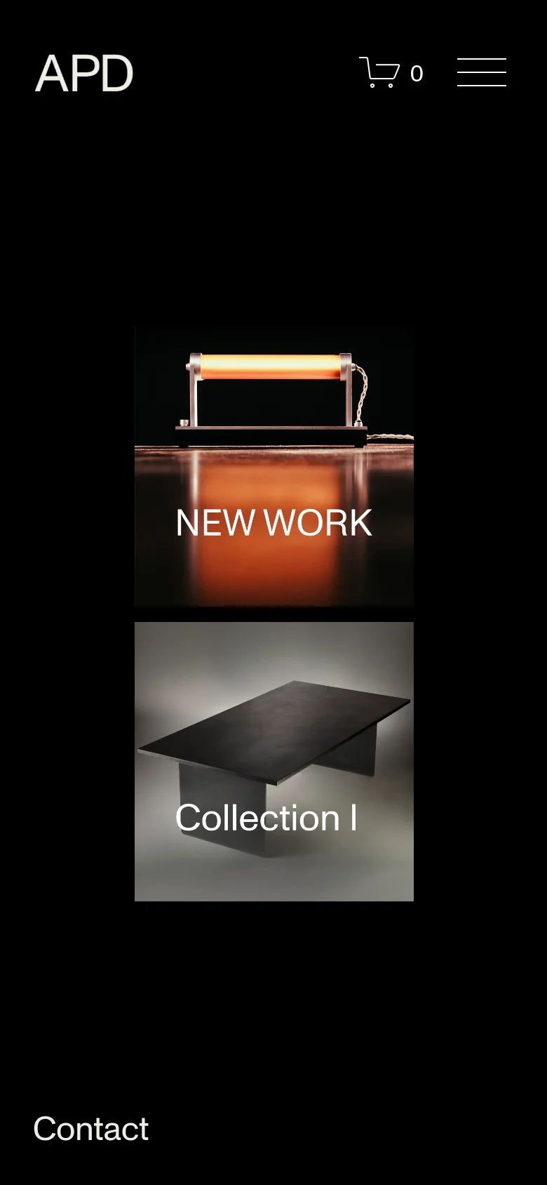 The mobile version uses a vertical layout with a centered 'APD' logo, a hamburger menu icon, and a shopping cart icon at the top. The two large image tiles for 'NEW WORK' and 'Collection I' are stacked vertically instead of being side-by-side, and a 'Contact' heading appears at the bottom.