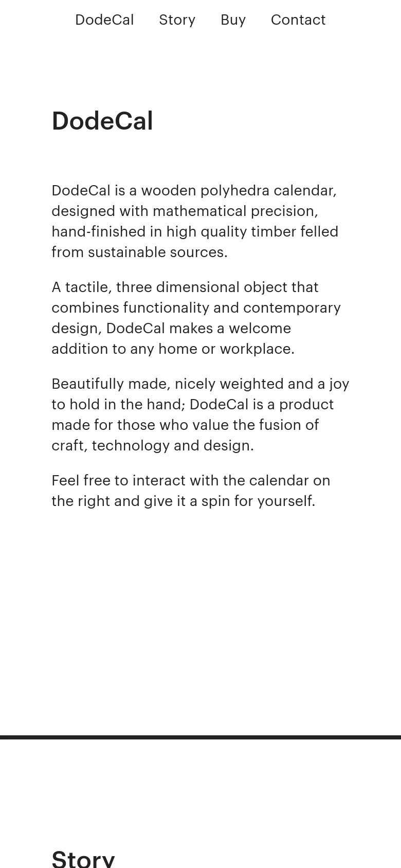 The mobile version maintains the minimalist white aesthetic but uses a simplified vertical layout. The hero section is condensed, focusing on the geometric logo and the 'DodeCal' heading, with navigation links and product descriptions stacked vertically for easier scrolling on a smaller screen.