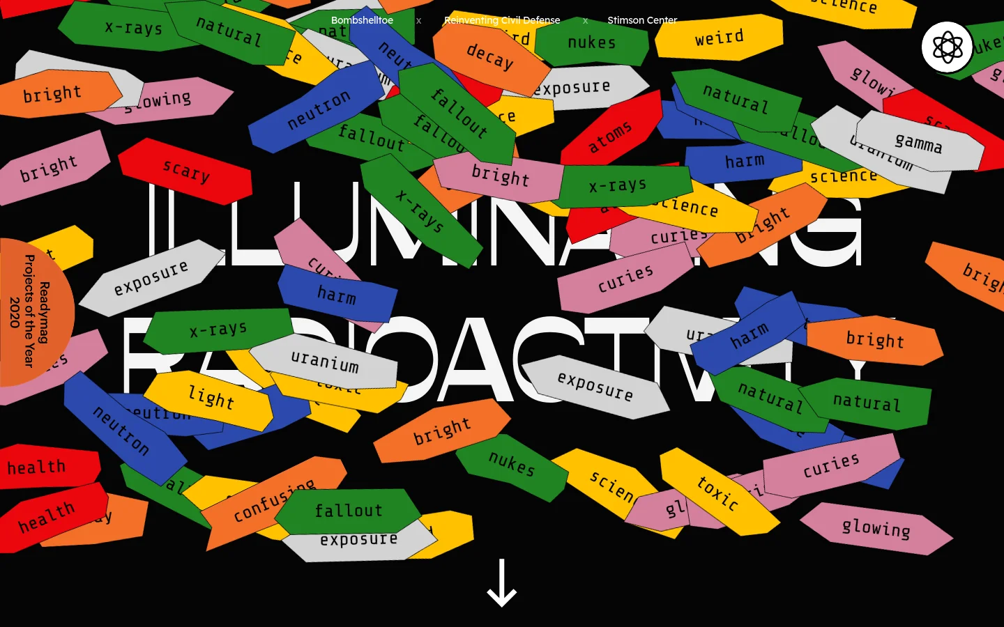 The desktop homepage features a black background with the large white title 'ILLUMINATING RADIOACTIVITY' partially obscured by a chaotic collage of colorful, irregularly shaped tags. These tags contain words like 'scary', 'bright', 'uranium', and 'neutron' in various colors including red, green, yellow, and blue. A white down arrow at the bottom center indicates more content below, and partner logos are visible at the top and bottom.