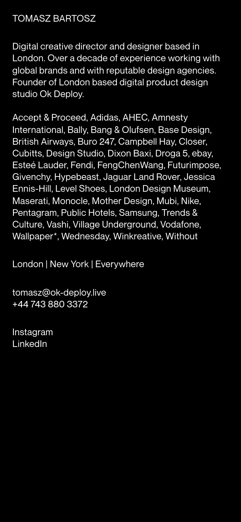 The mobile version maintains the minimalist black and white theme but presents the content in a single, narrow vertical column. The text is scaled for readability, and the image grid transitions into a stacked layout optimized for vertical scrolling on a smartphone screen.