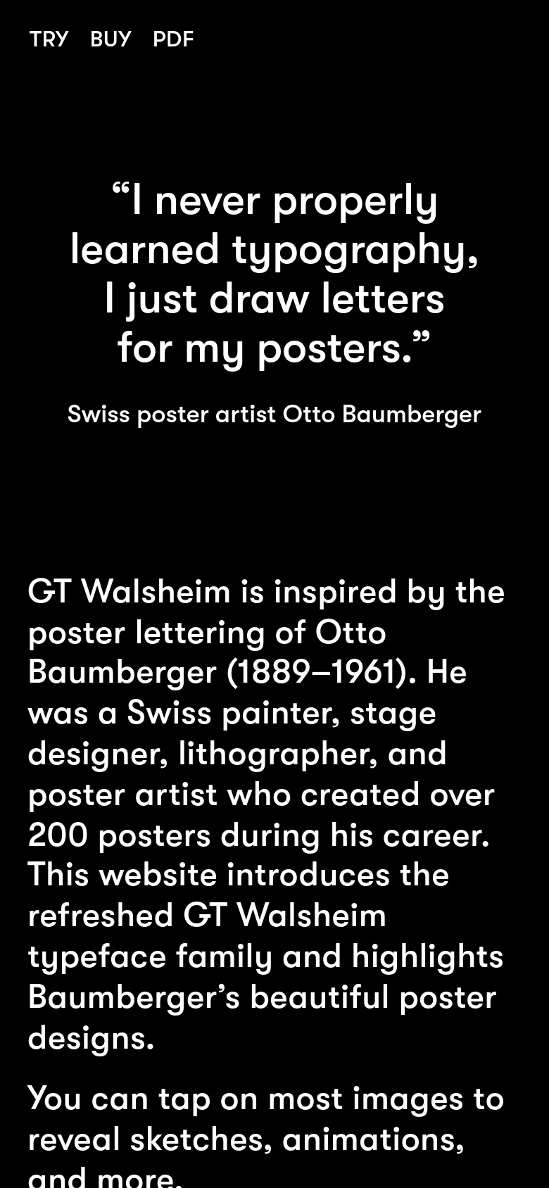 The mobile version maintains the high-contrast black and white theme but stacks the content vertically for a single-column scroll. The large quote and attribution occupy the top of the screen, followed by descriptive text about the typeface and its inspiration. Navigation links are positioned at the top left of the viewport.