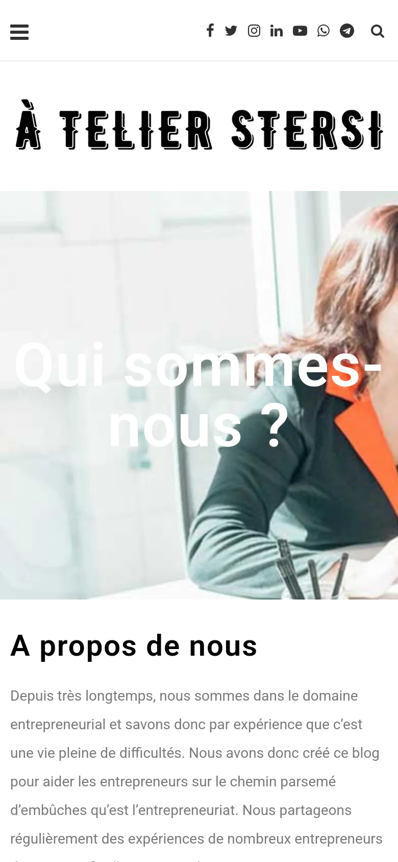 The mobile version uses a condensed layout with a hamburger menu icon and social media icons in a single row at the top. The large black logo is centered above a full-width hero image containing the large white text 'Qui sommes-nous ?'. The text content is stacked vertically below the image, maintaining a clean, single-column reading experience.