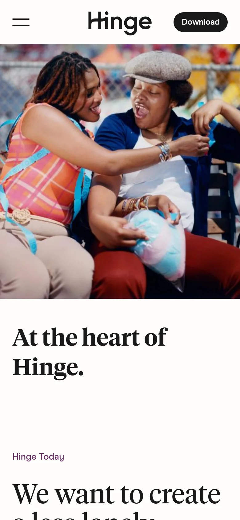 The mobile version displays a simplified header with a hamburger menu icon on the left, the Hinge logo in the center, and a 'Download' call-to-action button on the right. The hero image of two people laughing is prominent, followed by the large headline 'At the heart of Hinge.' The content below shifts from a multi-column grid to a single-column vertical stack for easier scrolling.
