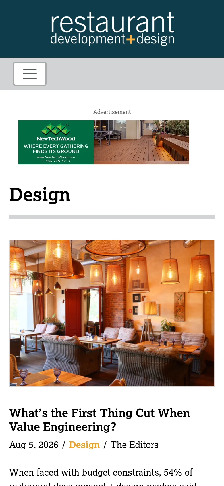 The mobile version presents a simplified view with a hamburger menu icon in a light gray header. The content is stacked vertically, starting with a NewTechWood advertisement, followed by the 'Design' heading and a single-column feed of articles featuring large images and text below them.
