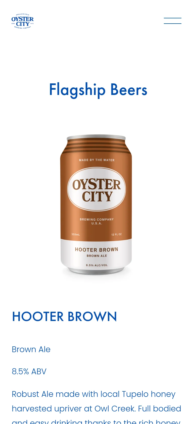The mobile version simplifies the layout into a single vertical column, focusing on one beer at a time. The 'Flagship Beers' heading is centered above a large image of the Hooter Brown can, followed by its name, style, ABV, and a detailed description below.