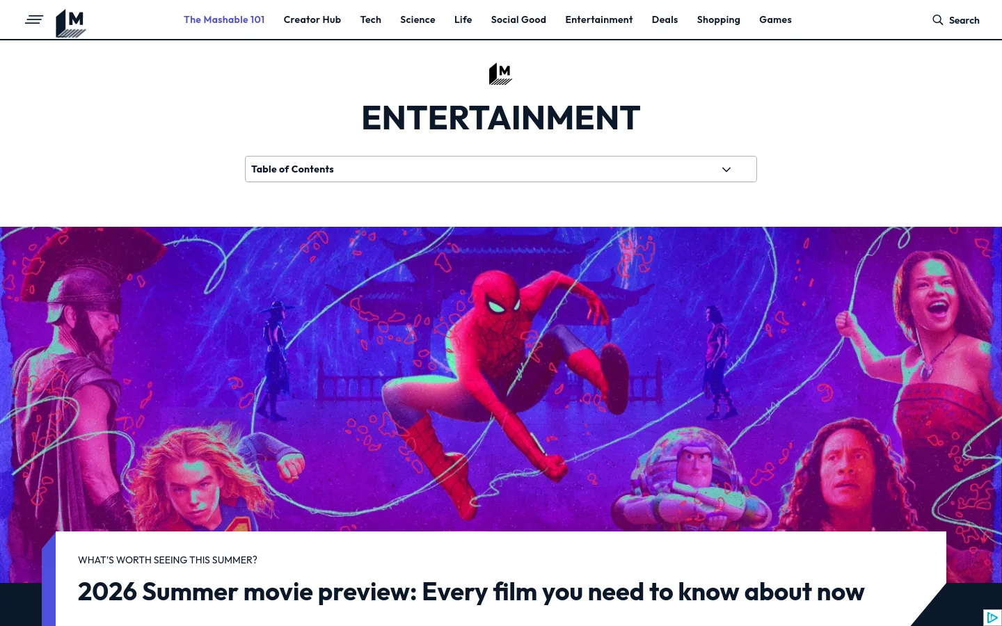 The Mashable Entertainment landing page features a clean white header with a navigation menu and a large 'ENTERTAINMENT' title. Below a 'Table of Contents' dropdown, a vibrant, purple-toned hero image displays various characters like Spider-Man and Wonder Woman amidst neon outlines. A prominent headline reads '2026 Summer movie preview: Every film you need to know about now'.