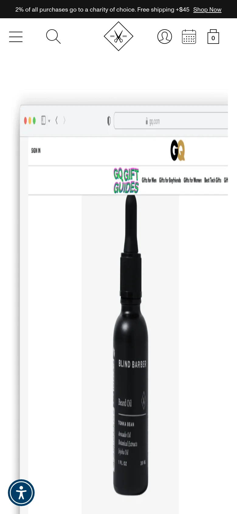 The mobile version uses a condensed header with a hamburger menu, search icon, and user account icon. The main content area shows a large vertical image of a Blind Barber product within a browser frame, positioned above the article headline and description.