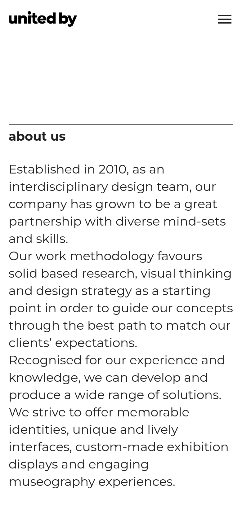 The mobile version maintains the minimalist white and black aesthetic but uses a single-column vertical layout. The top navigation is condensed into a hamburger menu icon next to the logo, and the 'about us' text spans the full width of the screen for easier reading.
